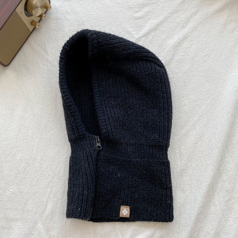 Autumn Winter Knit Hat Zipper Warm Neck Cover Head Wool Neck Hat