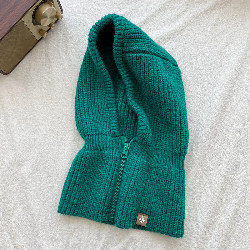 Autumn Winter Knit Hat Zipper Warm Neck Cover Head Wool Neck Hat