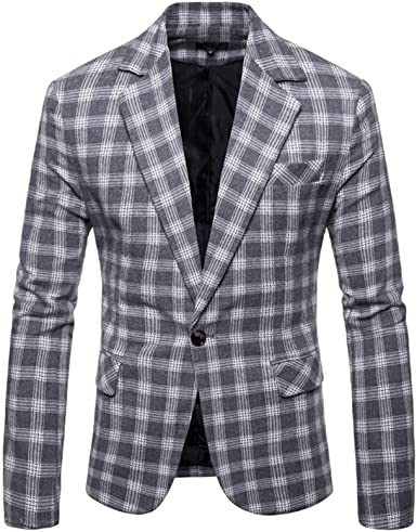 Men's Plaid Suit Jacket Casual One Button Regular Fit Blazer Classic Plaid Sport Coat Stylish Dress Coat