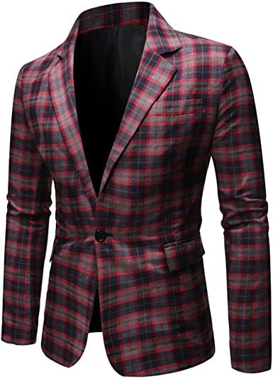 Men's Plaid Suit Jacket Casual One Button Regular Fit Blazer Classic Plaid Sport Coat Stylish Dress Coat
