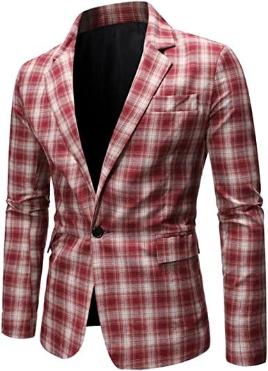 Men's Plaid Suit Jacket Casual One Button Regular Fit Blazer Classic Plaid Sport Coat Stylish Dress Coat