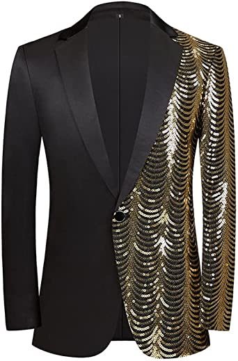 Mens Sequin Suit Jacket 1 Button Slim Fit Sports Coats Blazers Gold Stripe for Party; Prom