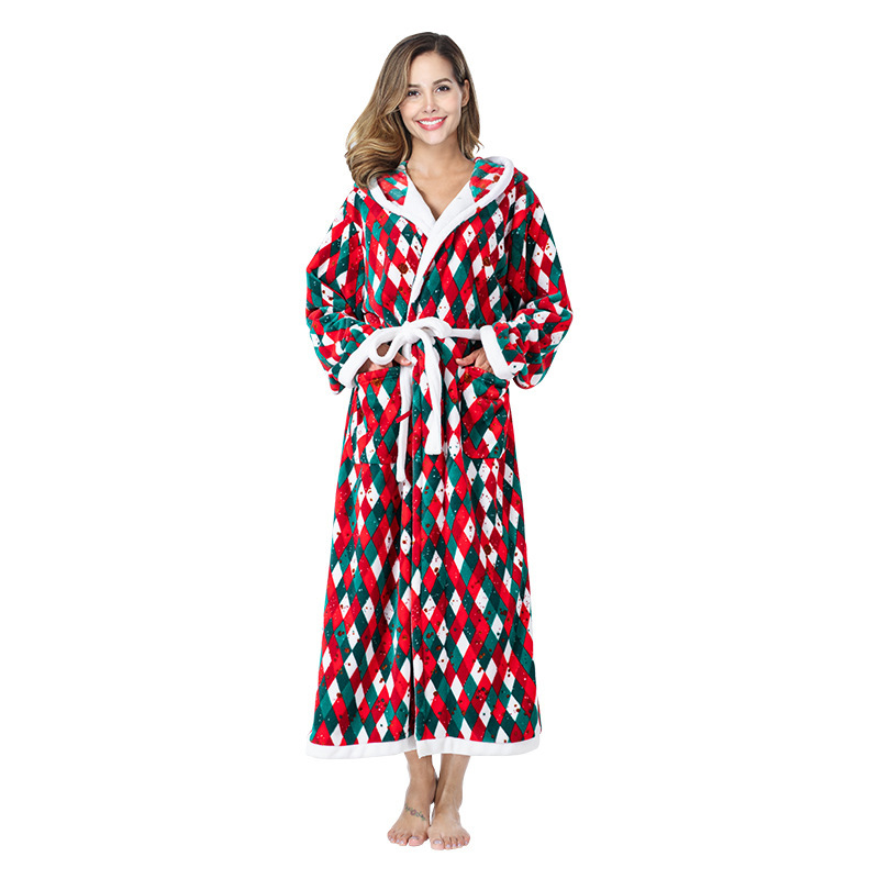 Winter Christmas Sleepwear Women Fleece Hooded Bathrobe Plush Long Robe