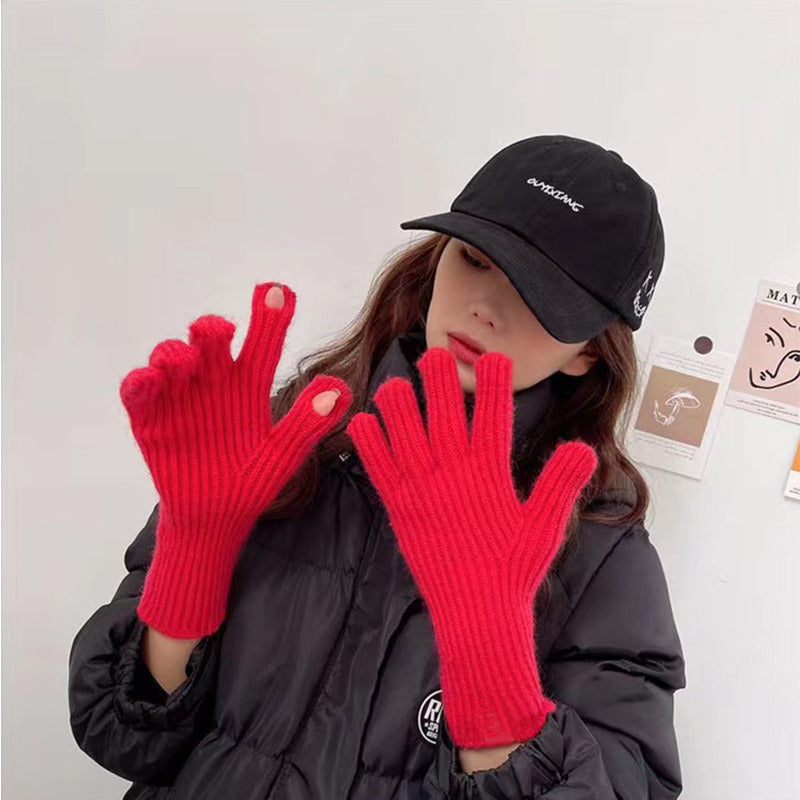 Pure Color Wool Knitted South Korean Label Gloves With Finger Exposed Touch Screen Cold Resistant Old Style Wrist Gloves Autumn And Winter Warm Gloves