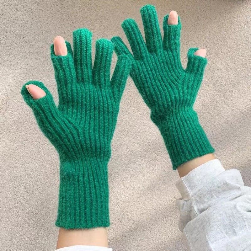 Pure Color Wool Knitted South Korean Label Gloves With Finger Exposed Touch Screen Cold Resistant Old Style Wrist Gloves Autumn And Winter Warm Gloves