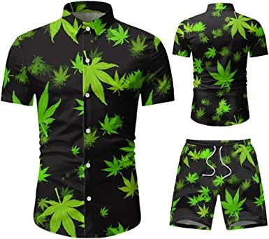 Men's 2 Piece Tracksuit Shirt Flower Casual Button Down Short Sleeve Shirts and Pants Suit