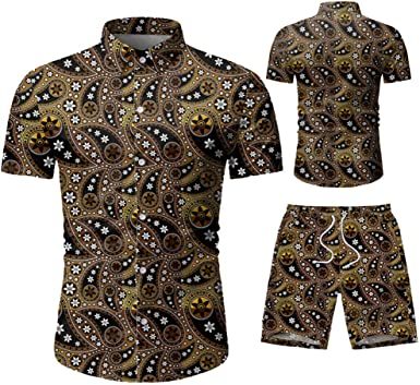 Men's 2 Piece Tracksuit Shirt Flower Casual Button Down Short Sleeve Shirts and Pants Suit