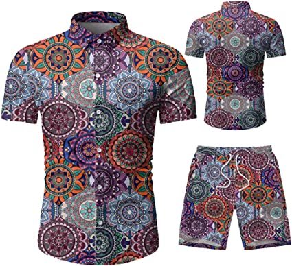 Men's 2 Piece Tracksuit Shirt Flower Casual Button Down Short Sleeve Shirts and Pants Suit
