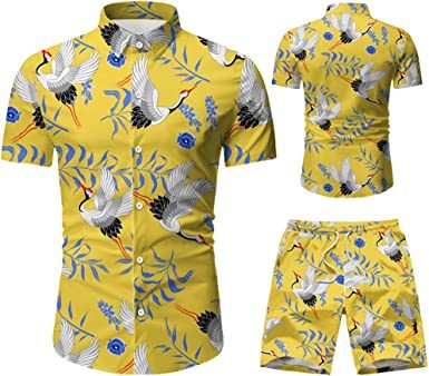 Men's 2 Piece Tracksuit Shirt Flower Casual Button Down Short Sleeve Shirts and Pants Suit