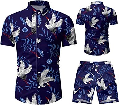 Men's 2 Piece Tracksuit Shirt Flower Casual Button Down Short Sleeve Shirts and Pants Suit