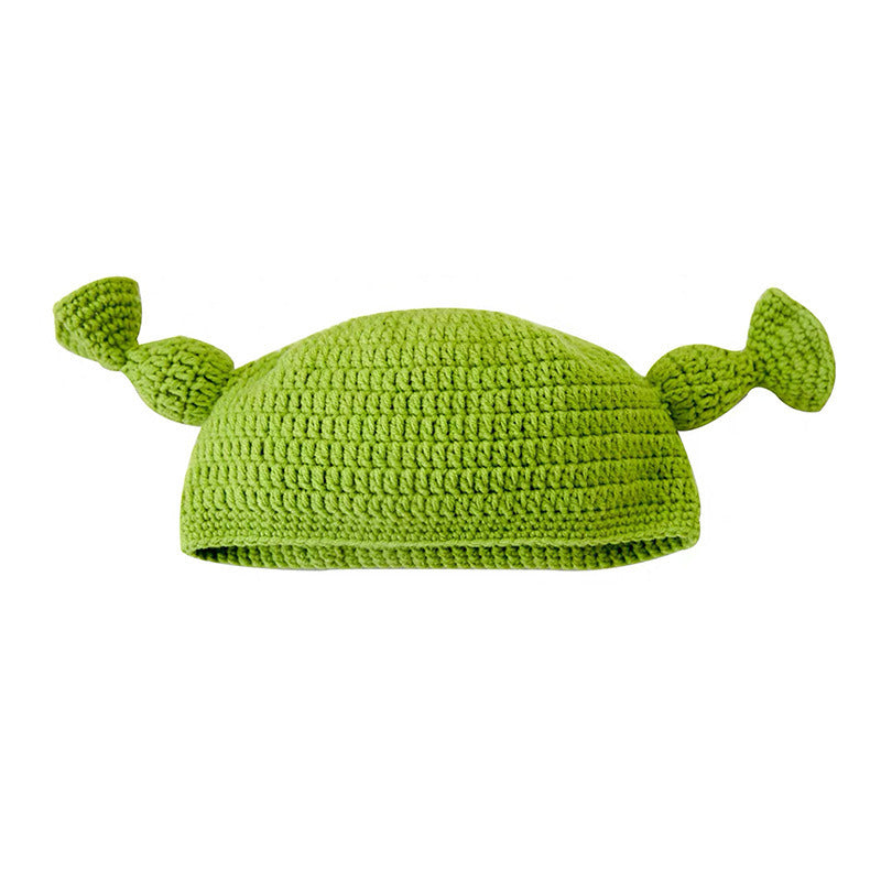 Shrek Hand Knit Empty Top Parent-Child Straw Hat Green Cute Ears Hat