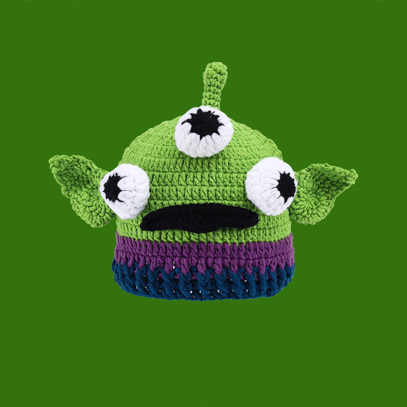 Shrek Hand Knit Empty Top Parent-Child Straw Hat Green Cute Ears Hat