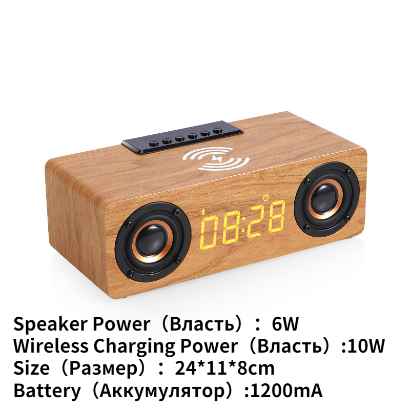 Fast Wireless Charger Wooden Wireless Bluetooth Speaker Alarm Clock with Subwoofer 3D Stereo boombox Sound bar for Computer TV