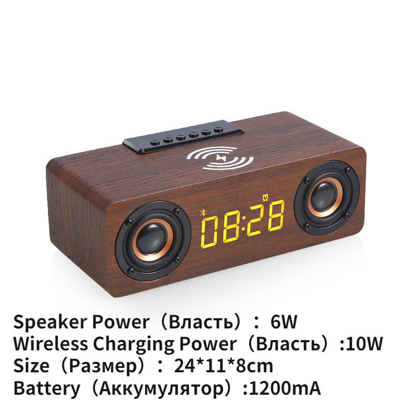 Fast Wireless Charger Wooden Wireless Bluetooth Speaker Alarm Clock with Subwoofer 3D Stereo boombox Sound bar for Computer TV