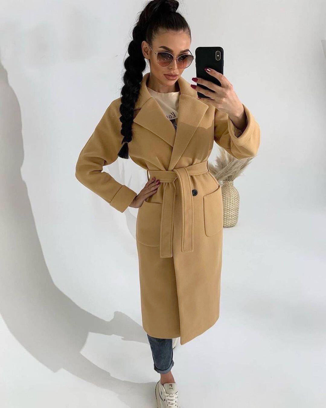 Early Spring Autumn Winter Long Woollen Coat Women 2 Pockets Lightweight Loose Belt Lapel Below Knee Length Black Khaki Grey New