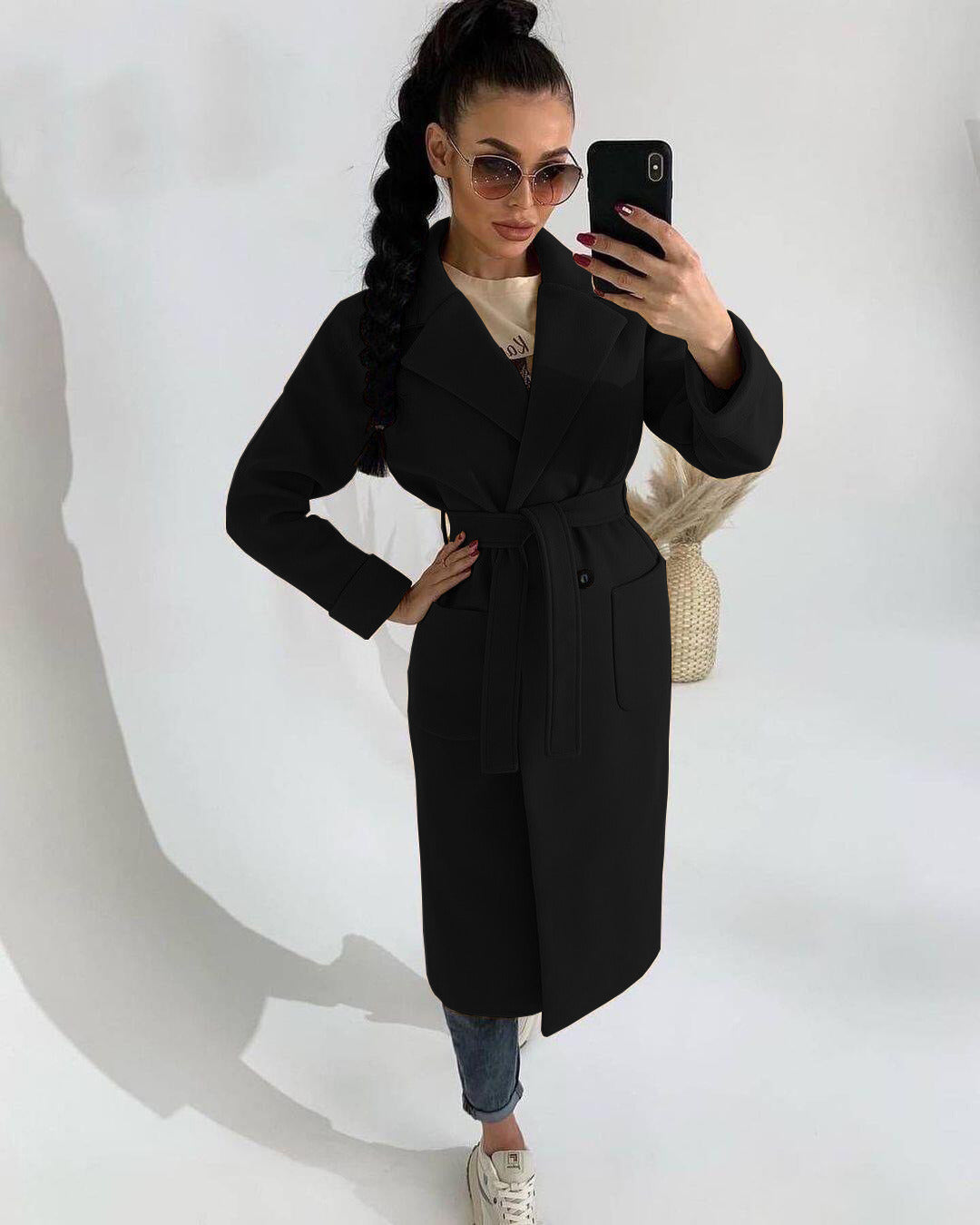 Early Spring Autumn Winter Long Woollen Coat Women 2 Pockets Lightweight Loose Belt Lapel Below Knee Length Black Khaki Grey New