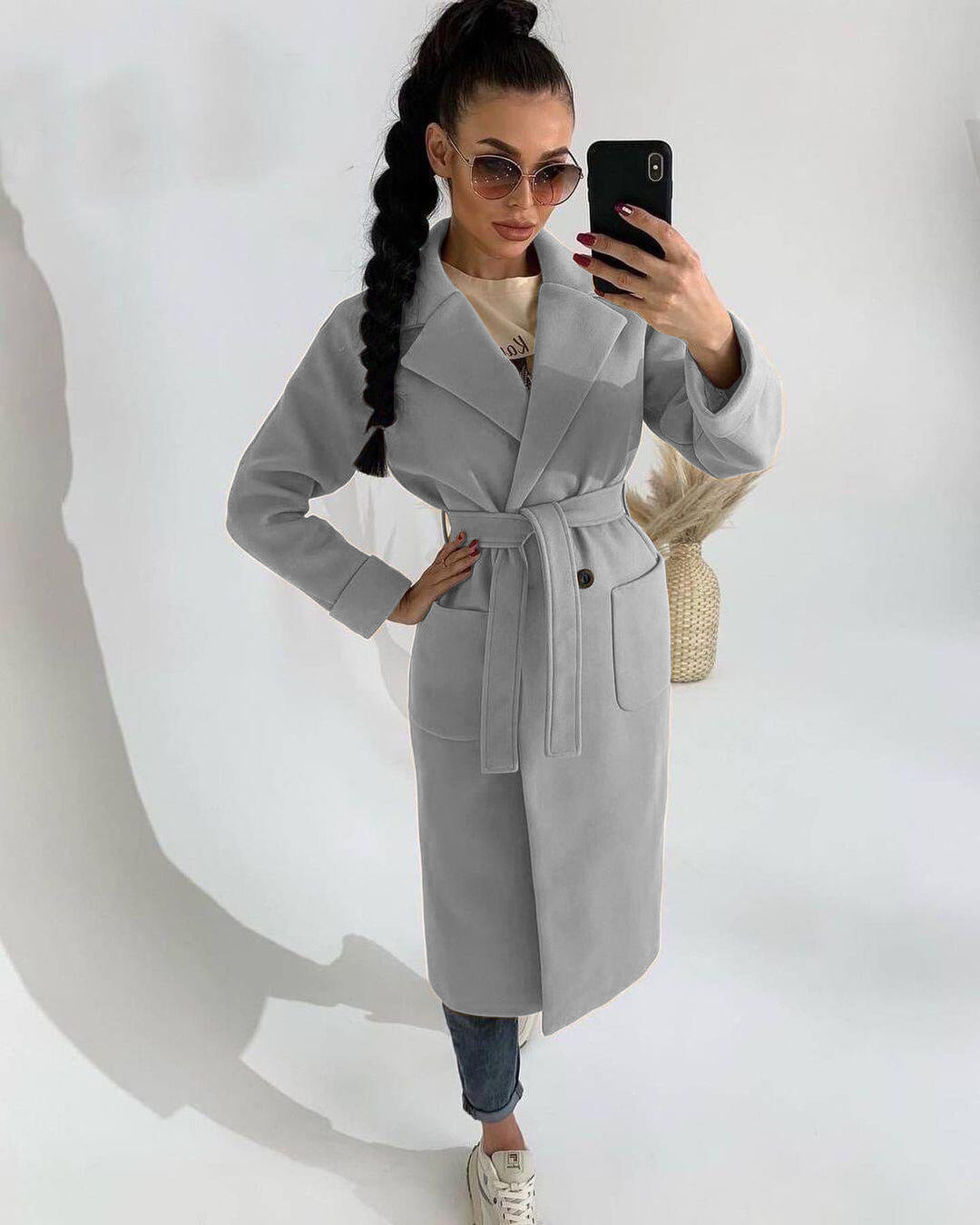 Early Spring Autumn Winter Long Woollen Coat Women 2 Pockets Lightweight Loose Belt Lapel Below Knee Length Black Khaki Grey New