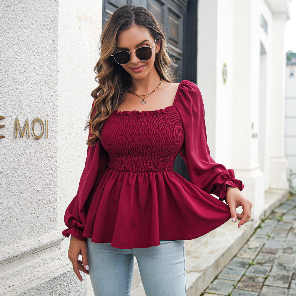 Spring Autumn Fashion Tops Chiffon Shirt Women Casual Ruffles Square Neck Elastic Waist Lantern Sleeves Streetwear Solid Outdoor