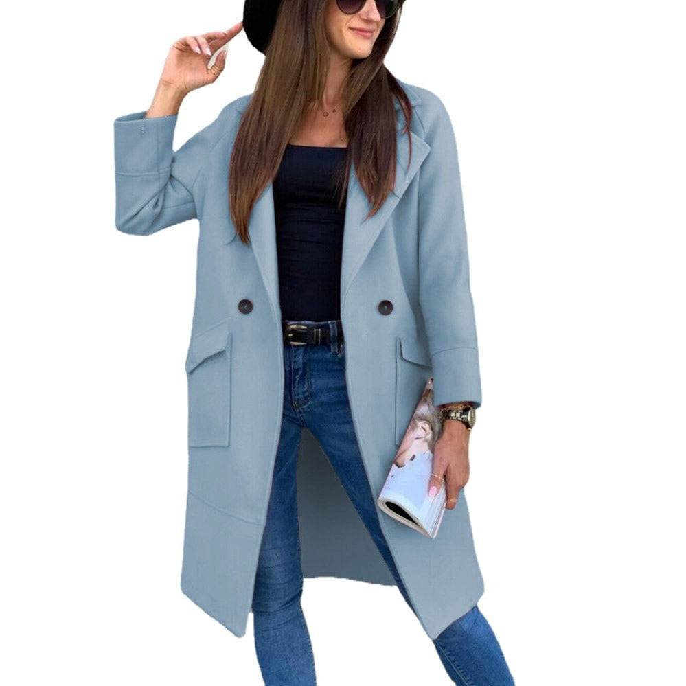 Spring Autumn Winter Midi Woolen Coat Women Solid Overcoat Long Sleeve Suit Collar Lapel Button Pockets Knee Length Streetwear