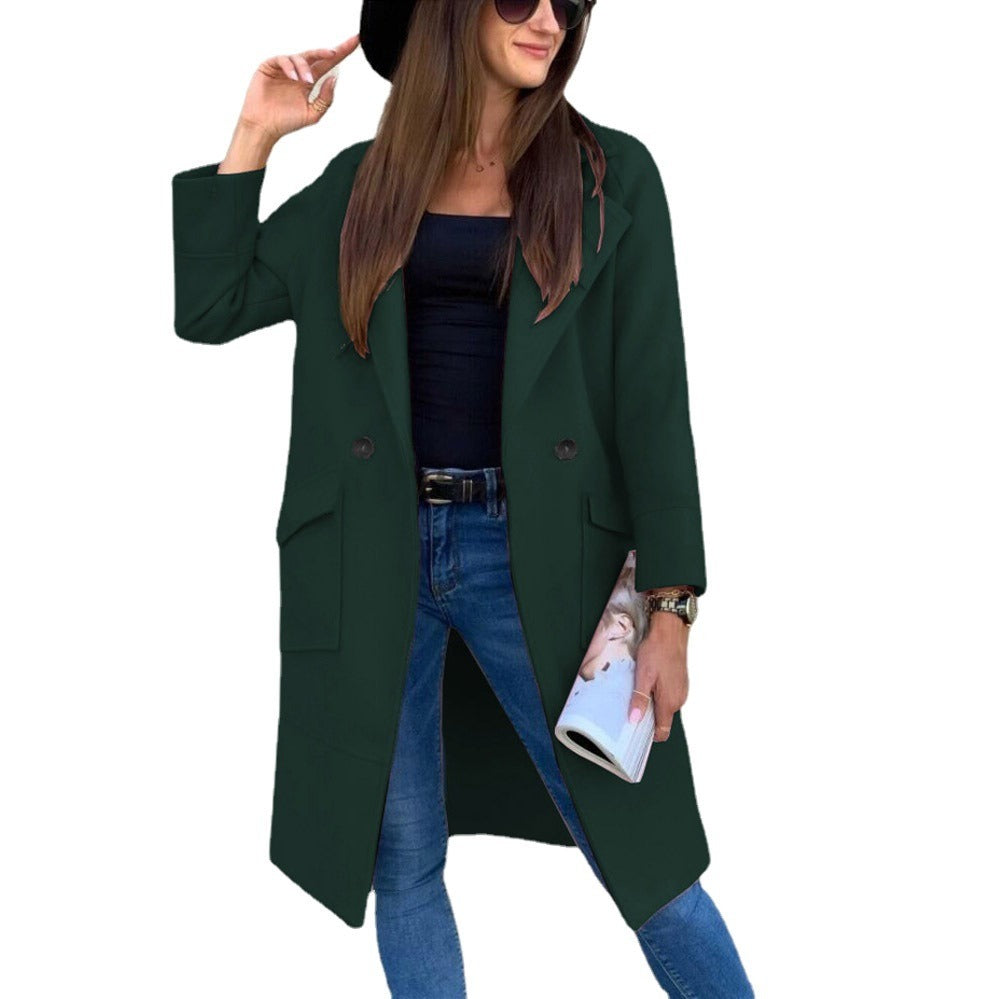 Spring Autumn Winter Midi Woolen Coat Women Solid Overcoat Long Sleeve Suit Collar Lapel Button Pockets Knee Length Streetwear