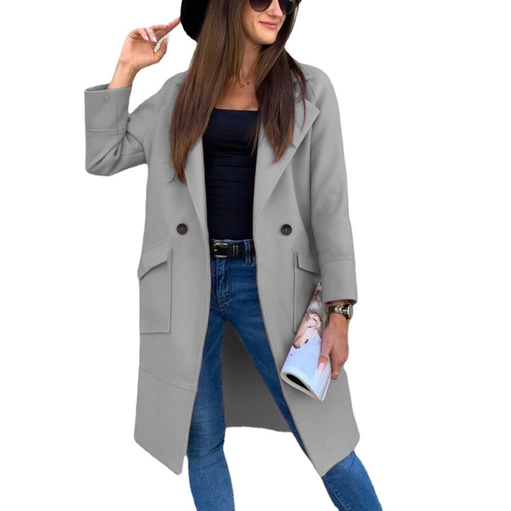 Spring Autumn Winter Midi Woolen Coat Women Solid Overcoat Long Sleeve Suit Collar Lapel Button Pockets Knee Length Streetwear