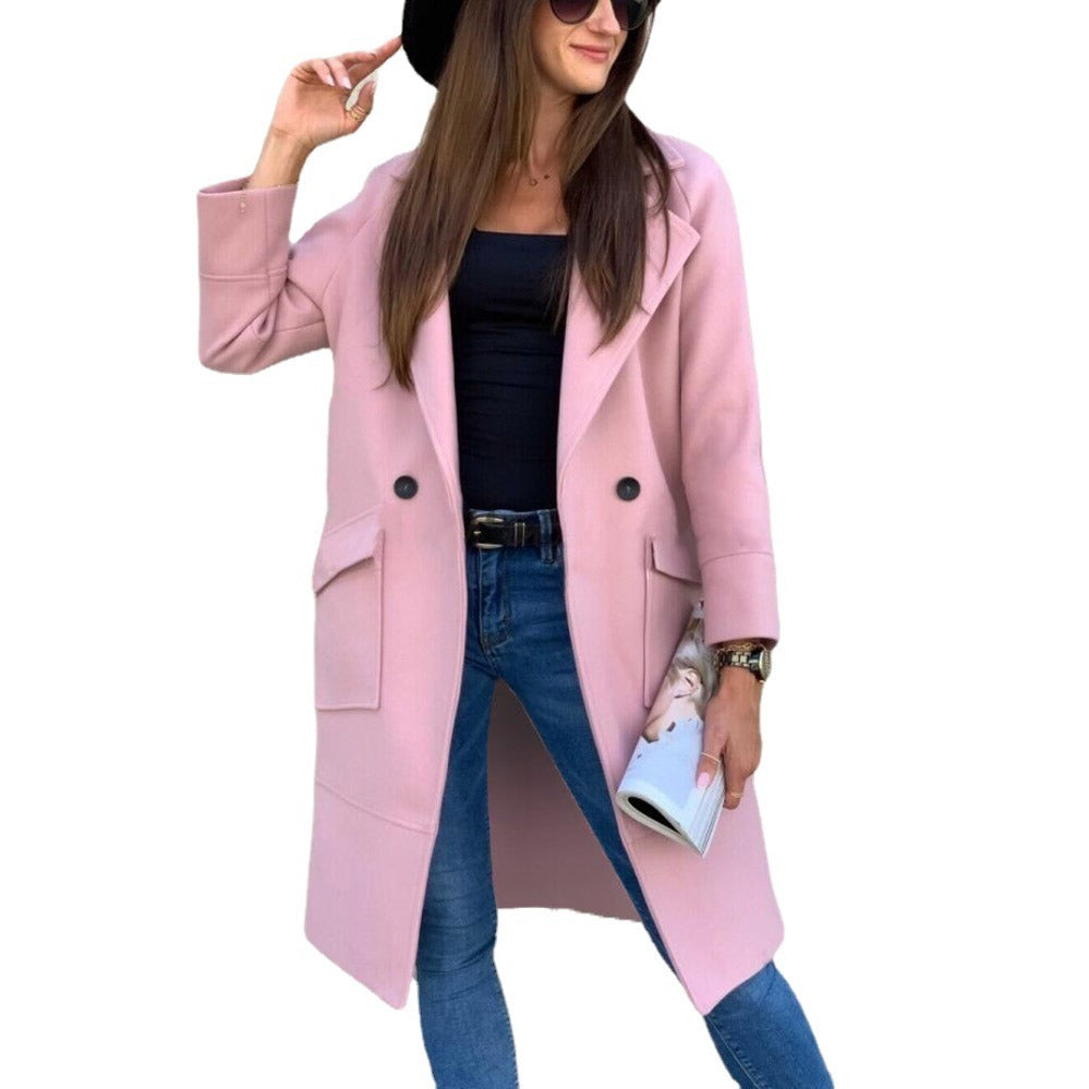 Spring Autumn Winter Midi Woolen Coat Women Solid Overcoat Long Sleeve Suit Collar Lapel Button Pockets Knee Length Streetwear