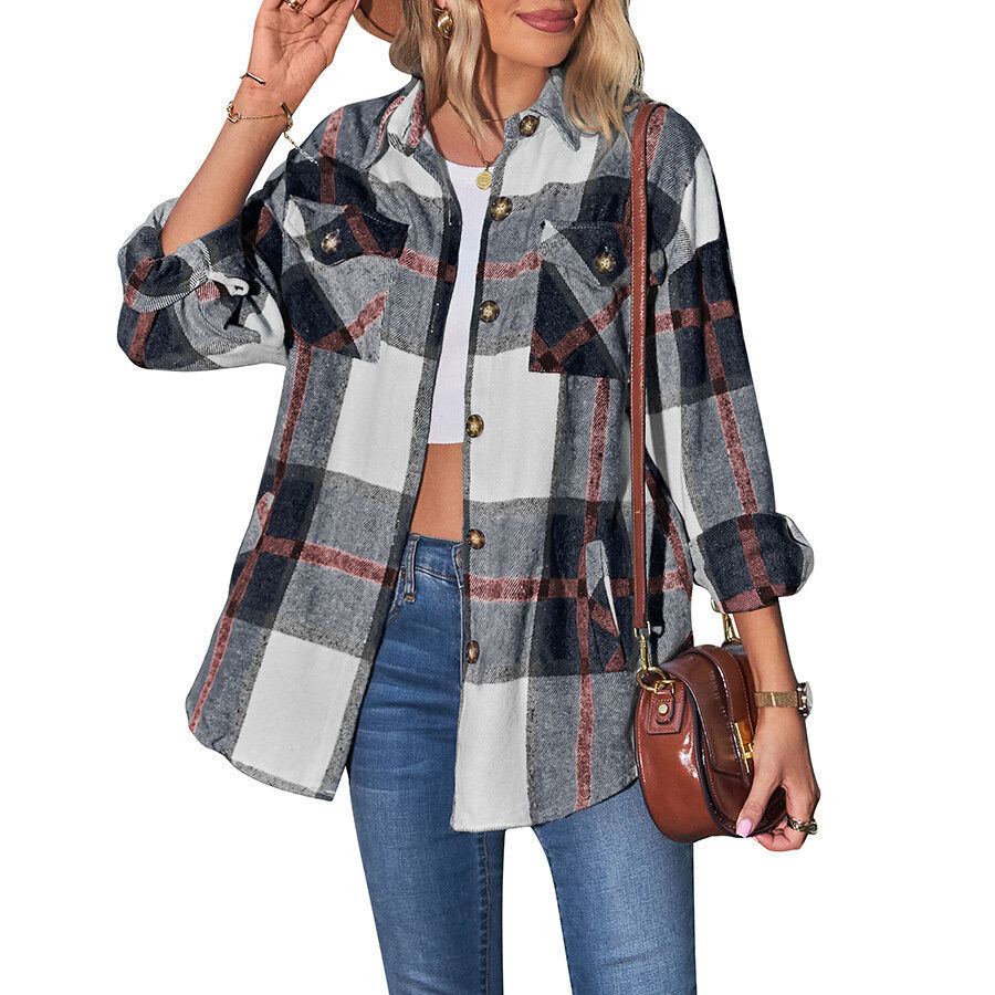 Plaid Shacket Jacket Casual Loose Long Sleeve Shirt