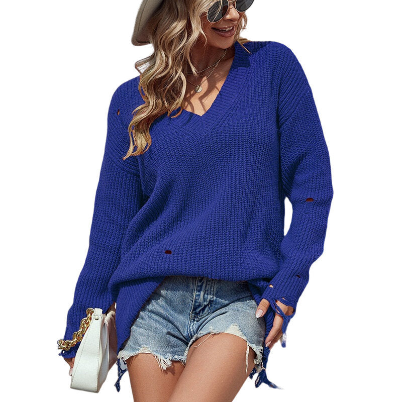 Solid V-neck Ripped Fringed Knitted Sweater