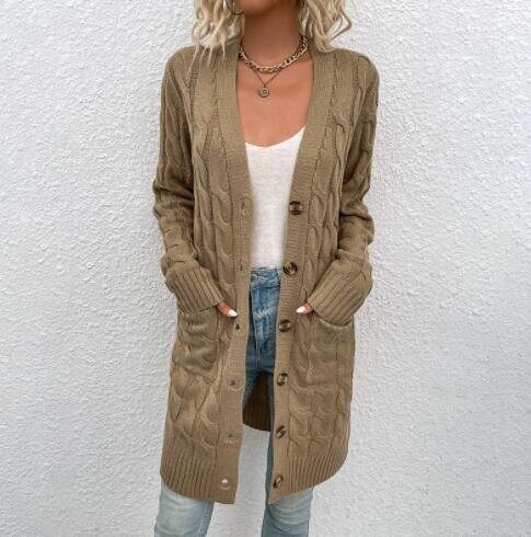 Button Solid Color Long Sweater Cardigan