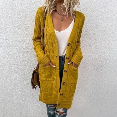 Button Solid Color Long Sweater Cardigan