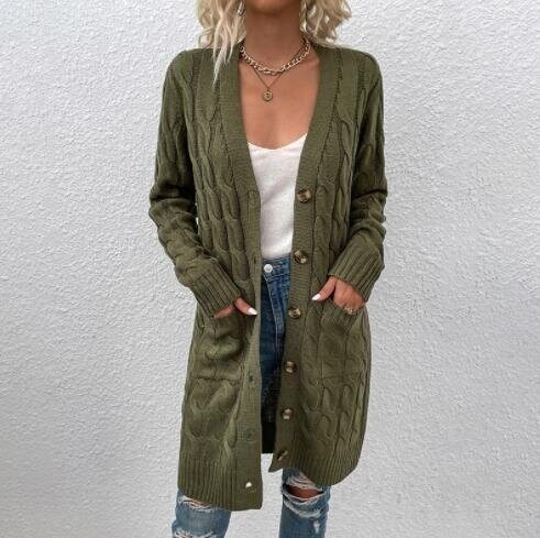 Button Solid Color Long Sweater Cardigan