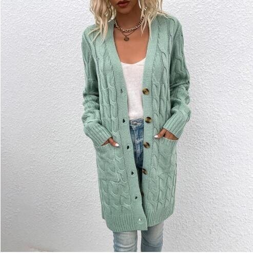 Button Solid Color Long Sweater Cardigan