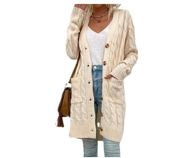 Button Solid Color Long Sweater Cardigan