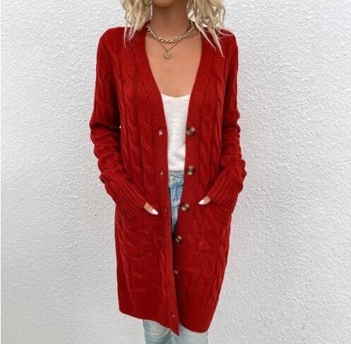 Button Solid Color Long Sweater Cardigan