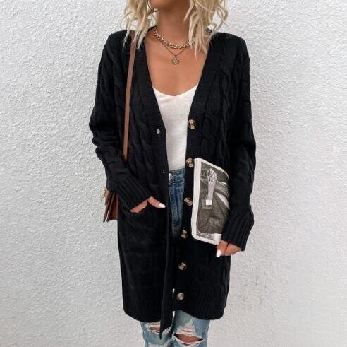 Button Solid Color Long Sweater Cardigan