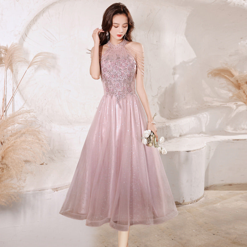 Summer Women Long Evening Dress Tulle Organza Temperament Sequins Floral Beaded Banquet Annual Meeting Host Pink Blue Beige New