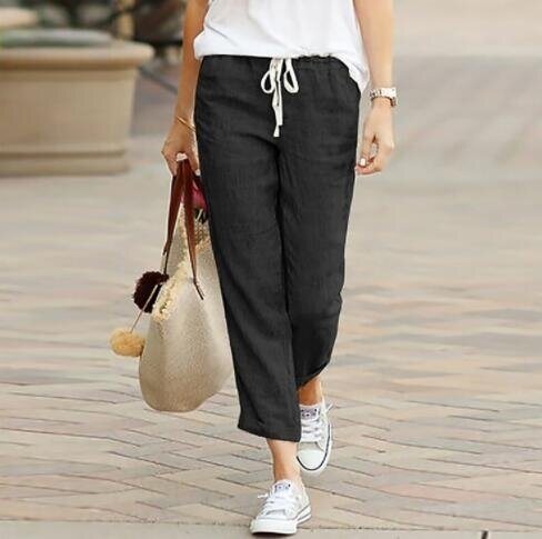 Straight Drawstring Elastic Waist Cotton Linen Pants