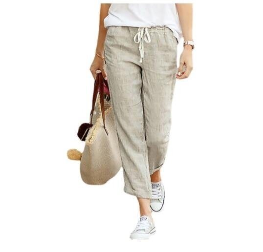 Straight Drawstring Elastic Waist Cotton Linen Pants