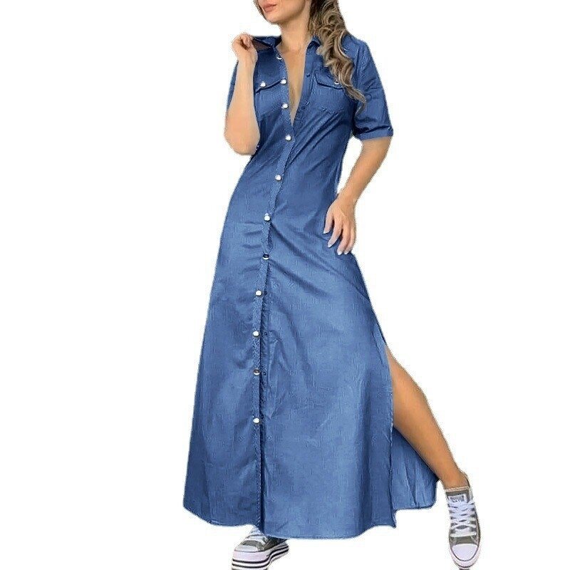 Denim Short Sleeve Maxi Dress