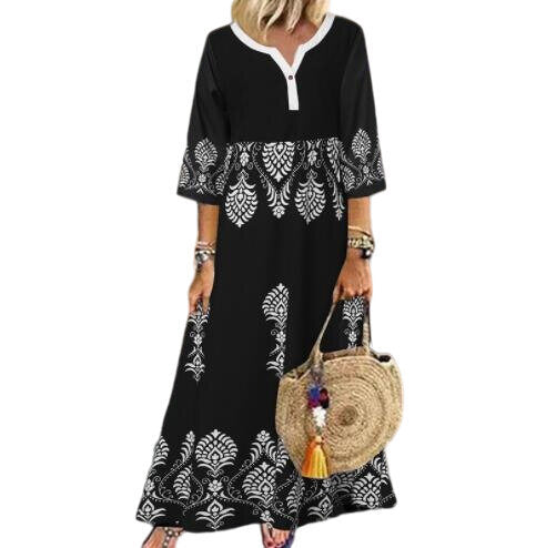 Vintage Short Sleeve Print Maxi Dress