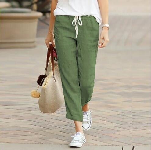 Straight Drawstring Elastic Waist Cotton Linen Pants