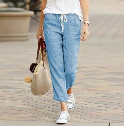 Straight Drawstring Elastic Waist Cotton Linen Pants