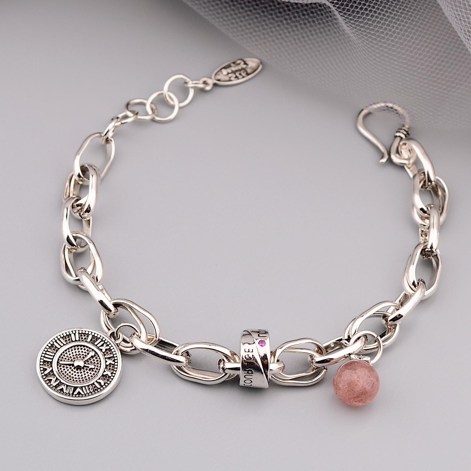 Fashion Round Brand Strawberry Crystal Thai Silver Bracelet Female Simple Personality Cold Wind Retro Old Heavy Hand Jewelry