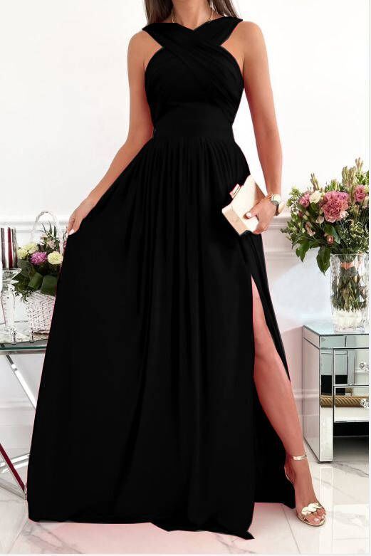 Summer Long Slit Evening Dress Women Elegant Sexy Sleeveless Solid Slim Casual Beach Skirt Loose Breathable Wedding Guest Party