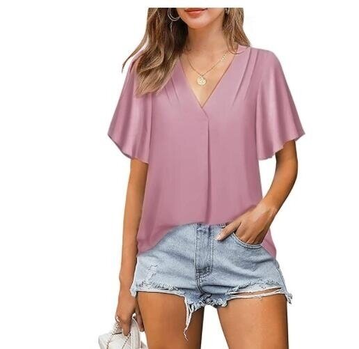 V-Neck Chiffon Shirt Pleated Short Sleeve Top