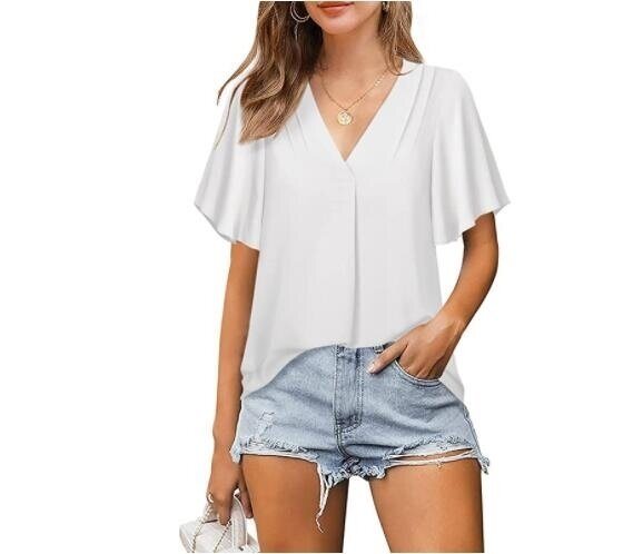 V-Neck Chiffon Shirt Pleated Short Sleeve Top