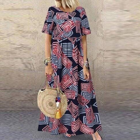 Geometric Print Short-sleeved Maxi Dress