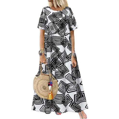 Geometric Print Short-sleeved Maxi Dress