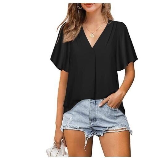 V-Neck Chiffon Shirt Pleated Short Sleeve Top