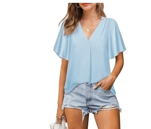 V-Neck Chiffon Shirt Pleated Short Sleeve Top